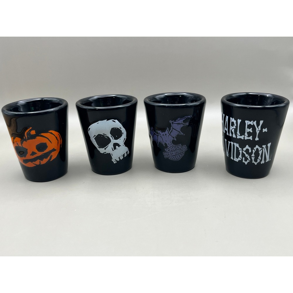 Harley-Davidson '02 Halloween Shot Glass Set 4pc Skull Pumpkin Bat Black Ceramic